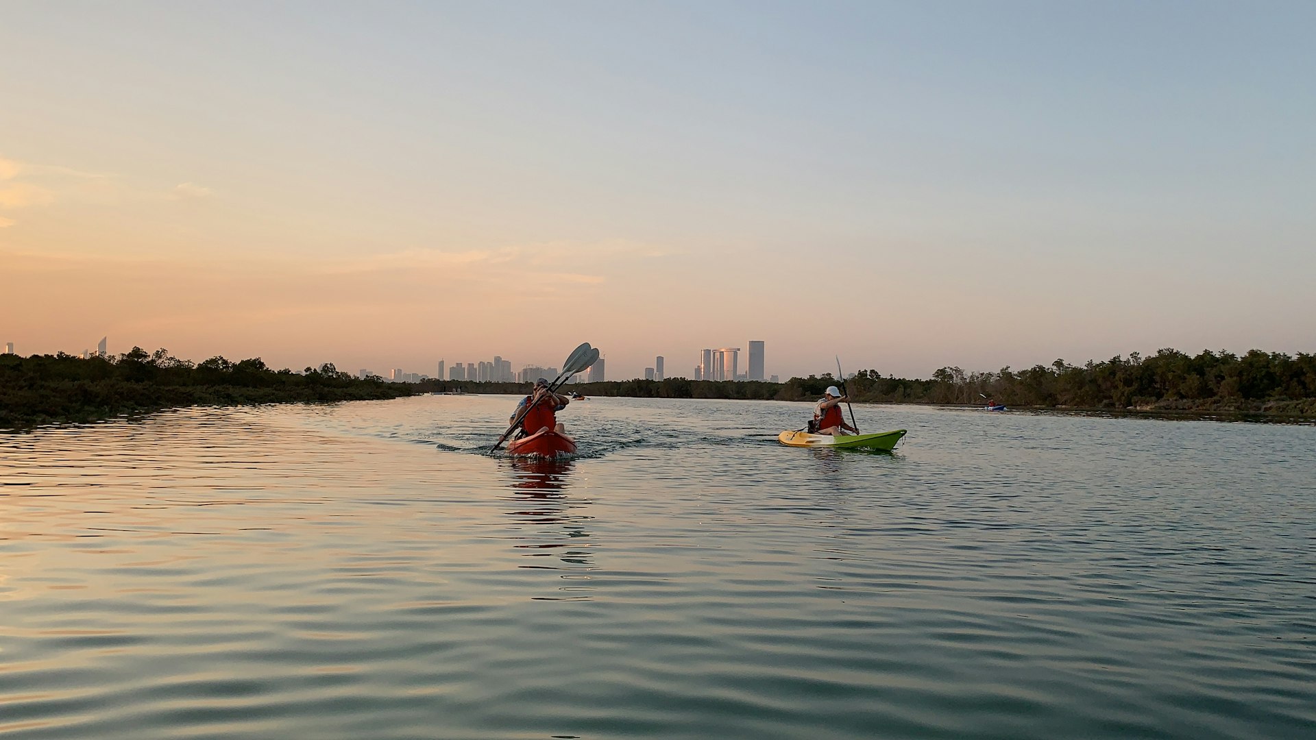 Kayakers paddle through waters surrounded by mangroves with city skyscrapers in the distance