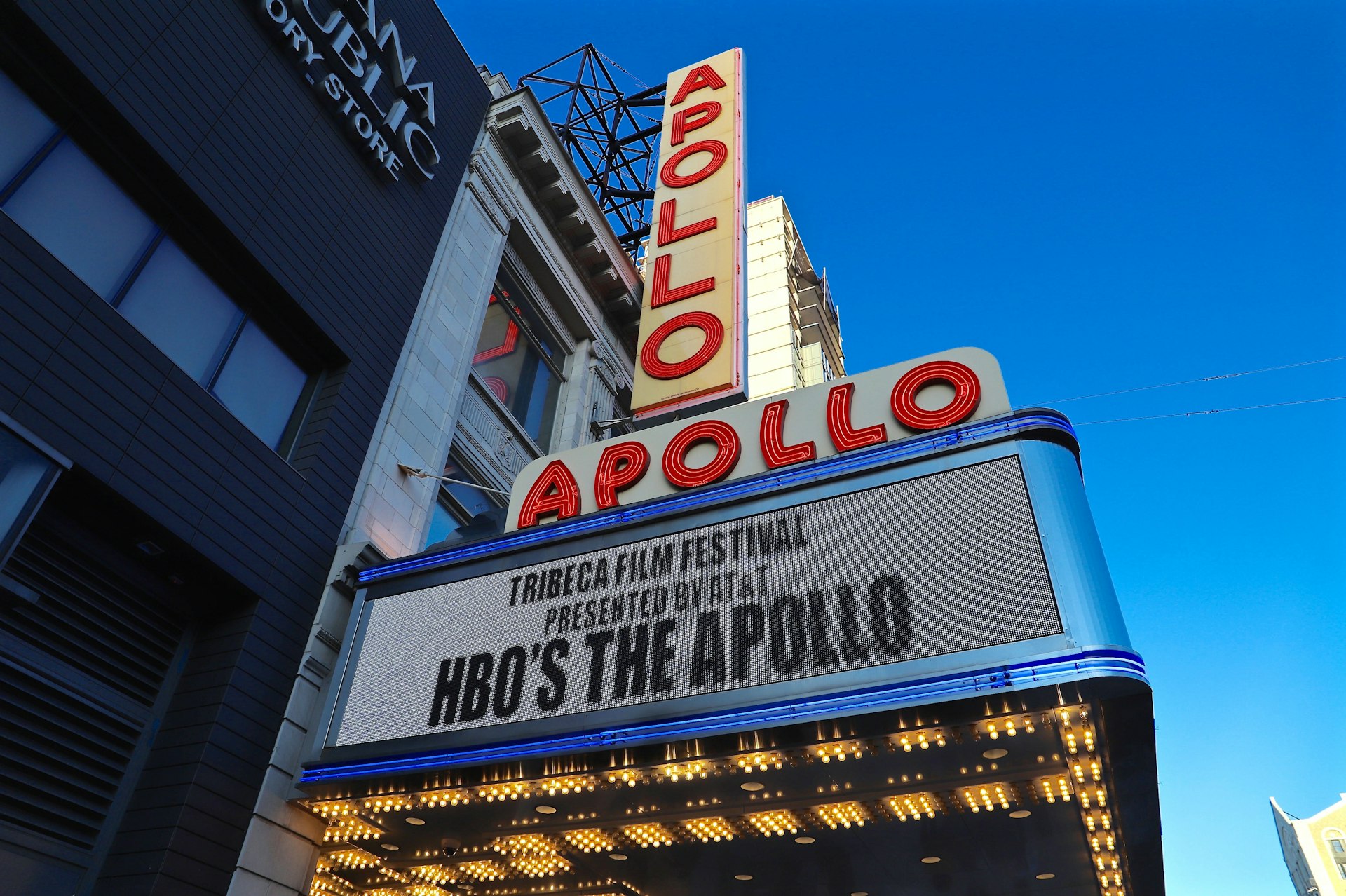 The marquee and neon sign at the Apollo Theater in Harlem, Manhattan