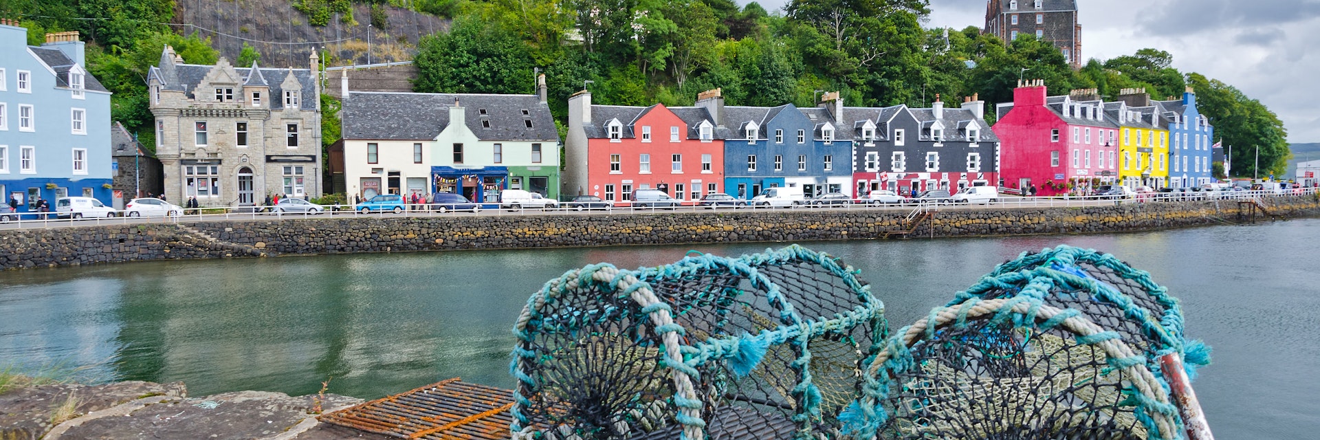 Fishing traps on a wall in summertime in the town of Tobermory on the isle of Mull in the inner Hebrides.
