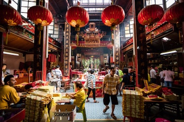 Guan Di Temple (also known as Kuan Ti Temple) with incense sticks in Chinatown, Kuala Lumpur, Malaysia.