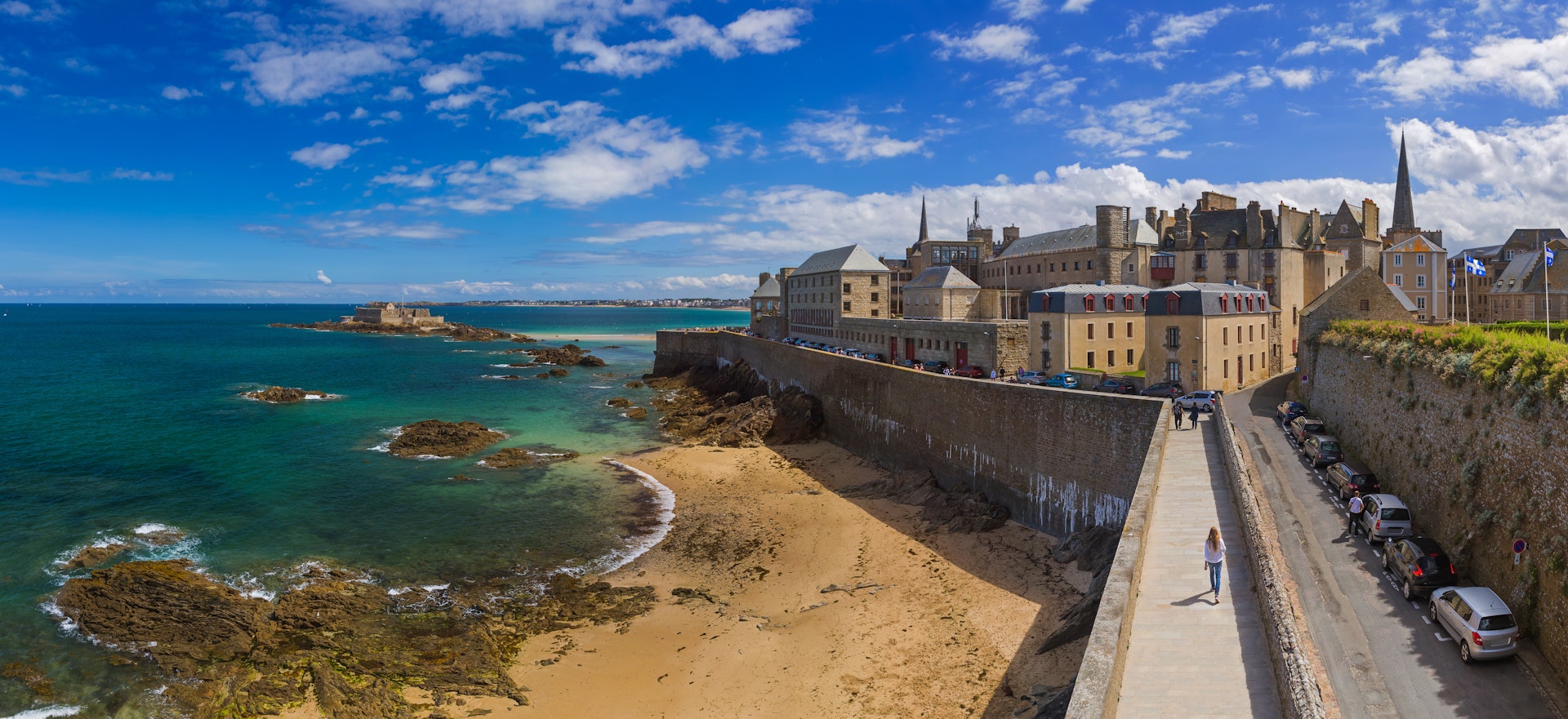 Panorama of a coastal area in Saint-Malo.... architecture, atlantic, beach, bretagne, brittany, buildings, castle, city, cityscape, coast, europe, exterior, fort, fortress, france, heritage, high, historic, history, house, island, landmark, landscape, low, malo, medieval, nature, normandy, ocean, old, outdoor, panorama, rock, saint, saint-malo, sea, sightseeing, sky, st, stone, summer, sun, tide, tourism, tower, town, travel, wall, water