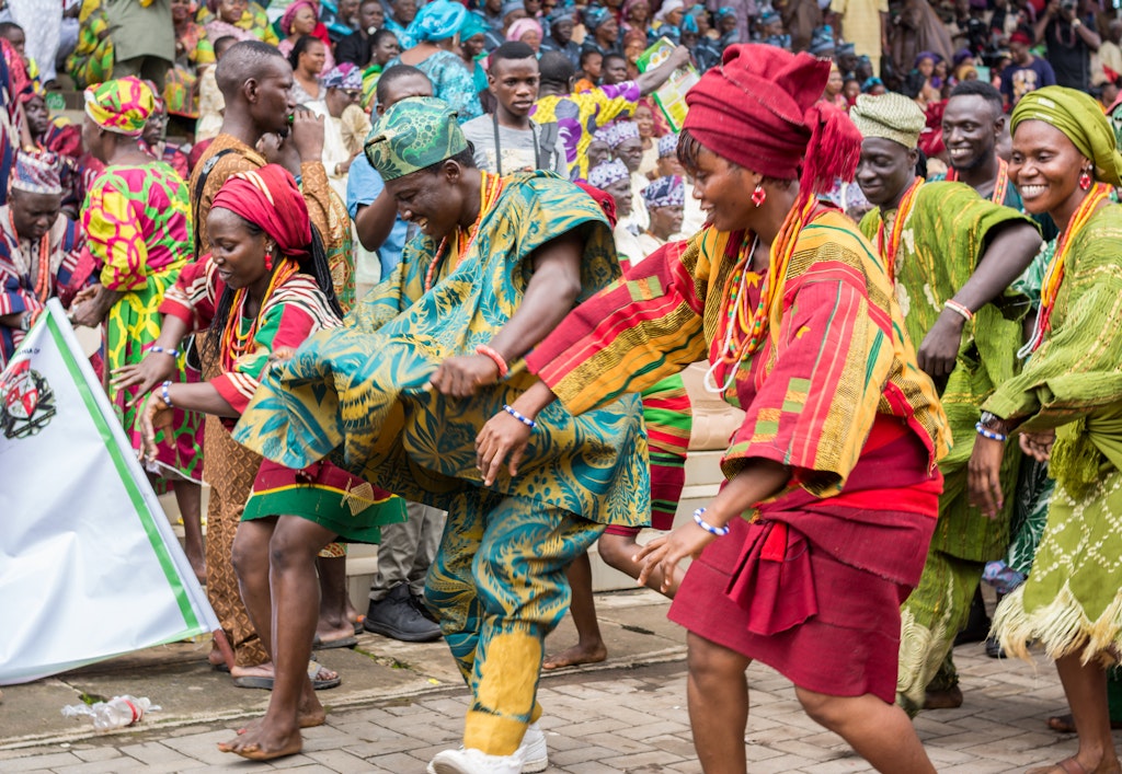 IJEBU ODE, OGUN STATE, NIGERIA- AUGUST 23, 2018: Members of a cultural troupe dances to entertain spectators during the Ojude Oba festival in Ijebu Ode, Ogun State.; Shutterstock ID 1268799256; your: Claire Naylor; gl: 65050; netsuite: Online editorial; full: Nigeria when to visit
1268799256