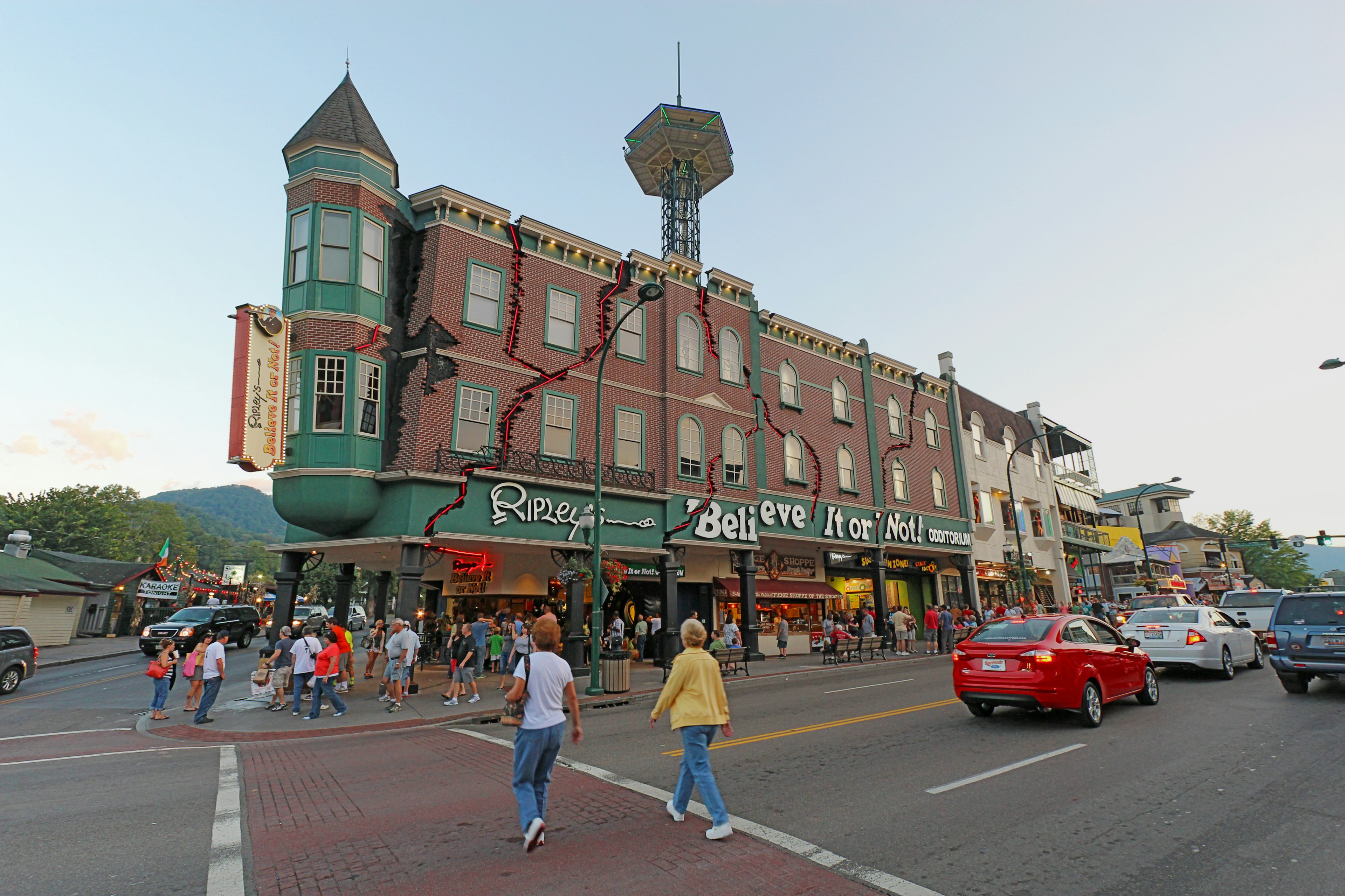 Street with Ripleys Believe It or Not in Gatlinburg, Tennessee. Gatlinburg is a major tourist destination and gateway to Great Smoky Mountains National Park