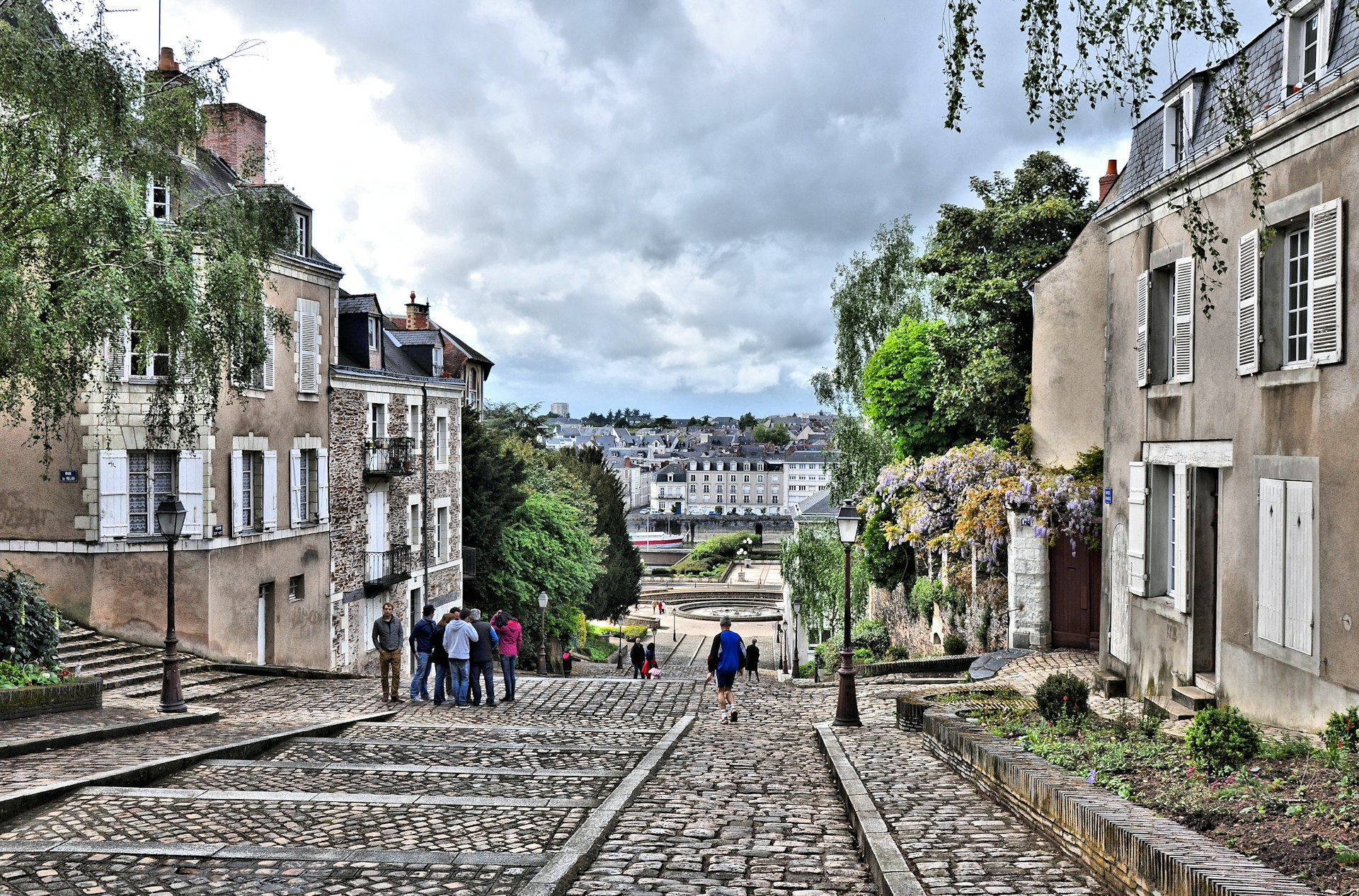 Streets running down to the Loire River in the historic center in city of Angers, France