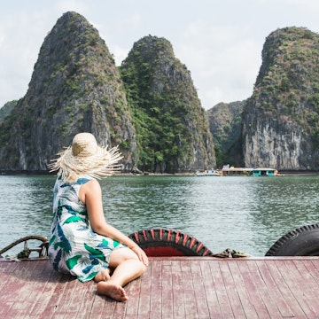 Young Caucasian blonde woman in a straw hat enjoying the boat ride at Lan Ha Bay, Cat Ba island, Vietnam; Shutterstock ID 1466647397; your: ClaireN; gl: 65050; netsuite: Online ed; full: Vietnam with Elsewhere
1466647397
