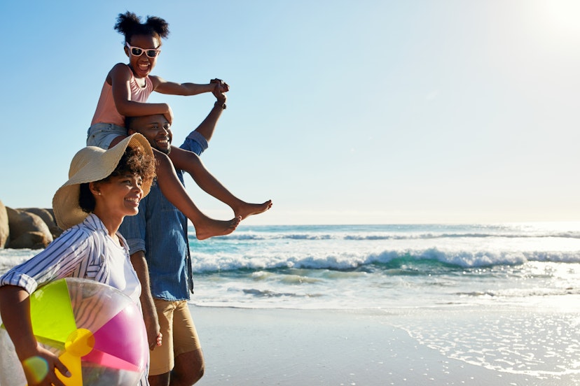 Walking, beach and profile of relax black family travel, happy and enjoy outdoor quality time together. Ocean sea water, blue sky mockup or freedom for bonding people on Jamaica holiday in summer; Shutterstock ID 2251915893; your: Claire Naylor; gl: 65050; netsuite: Online ed; full: Jamaica with kids
2251915893