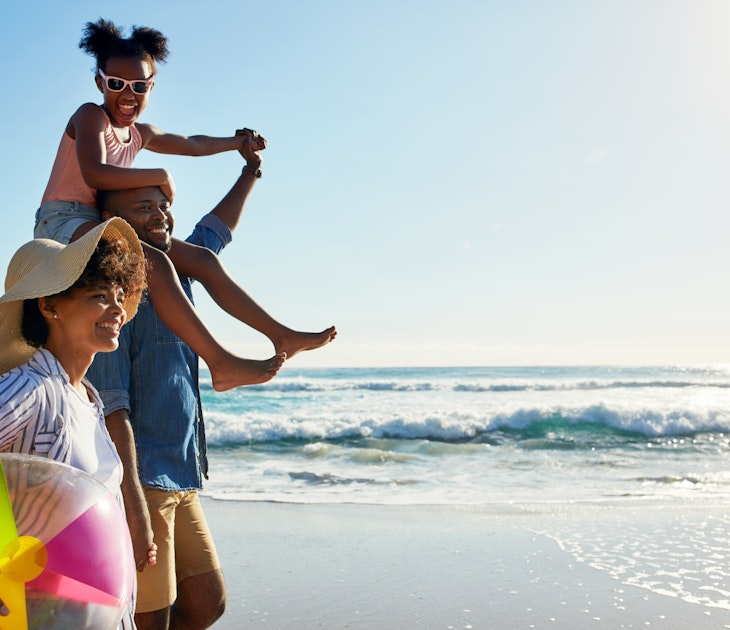 Walking, beach and profile of relax black family travel, happy and enjoy outdoor quality time together. Ocean sea water, blue sky mockup or freedom for bonding people on Jamaica holiday in summer; Shutterstock ID 2251915893; your: Claire Naylor; gl: 65050; netsuite: Online ed; full: Jamaica with kids
2251915893