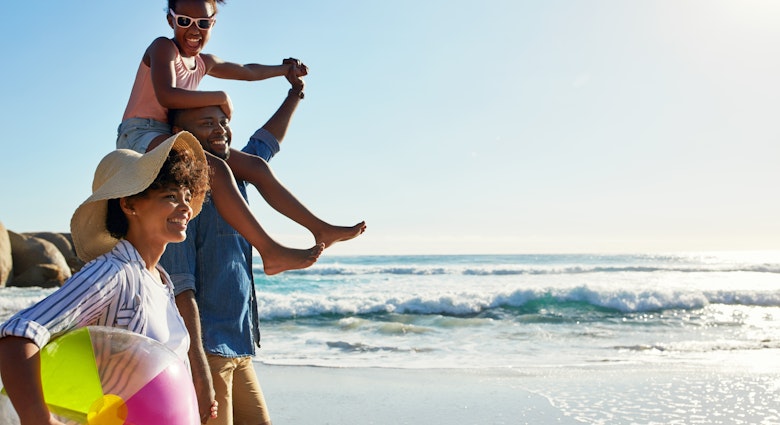 Walking, beach and profile of relax black family travel, happy and enjoy outdoor quality time together. Ocean sea water, blue sky mockup or freedom for bonding people on Jamaica holiday in summer; Shutterstock ID 2251915893; your: Claire Naylor; gl: 65050; netsuite: Online ed; full: Jamaica with kids
2251915893