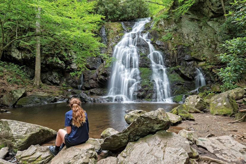 Young Woman Viewing Spruce Flats Falls In The Smoky Mountain, Tremont Tennessee; Shutterstock ID 686190700; your: ClaireNaylor; gl: 65050; netsuite: Online ed; full: Great Smoky Mountains National Park things to know
686190700