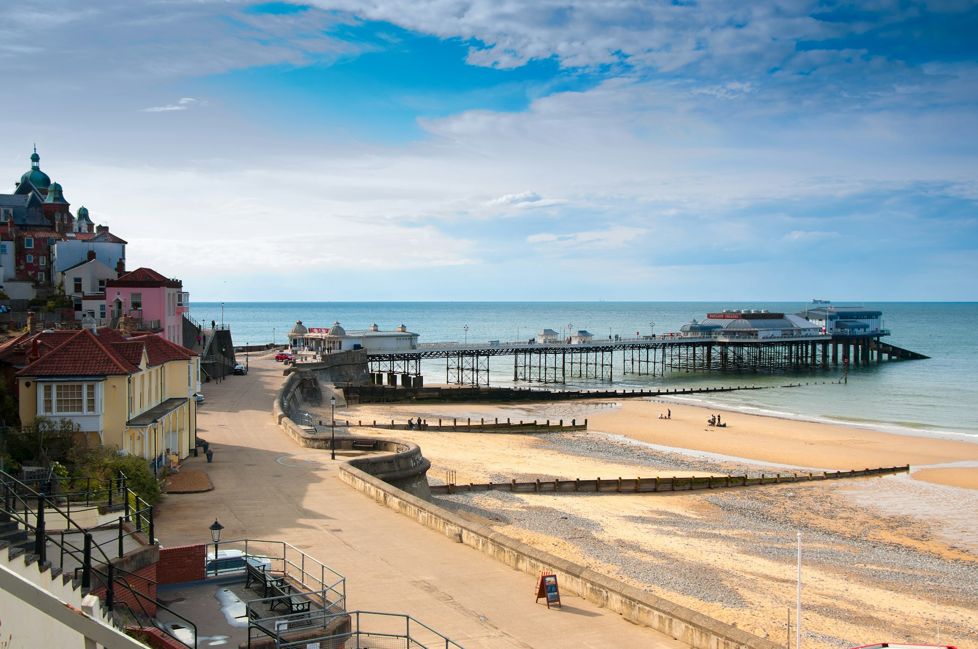 Promenade, town centre, and pier in Cromer, seaside town in Norfolk, England