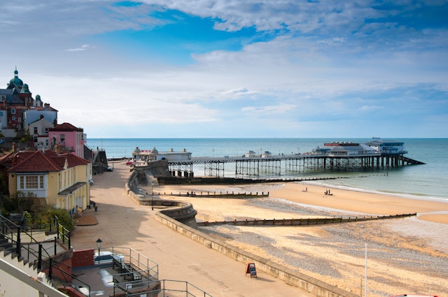 Promenade, town centre, and pier in Cromer, seaside town in Norfolk, England