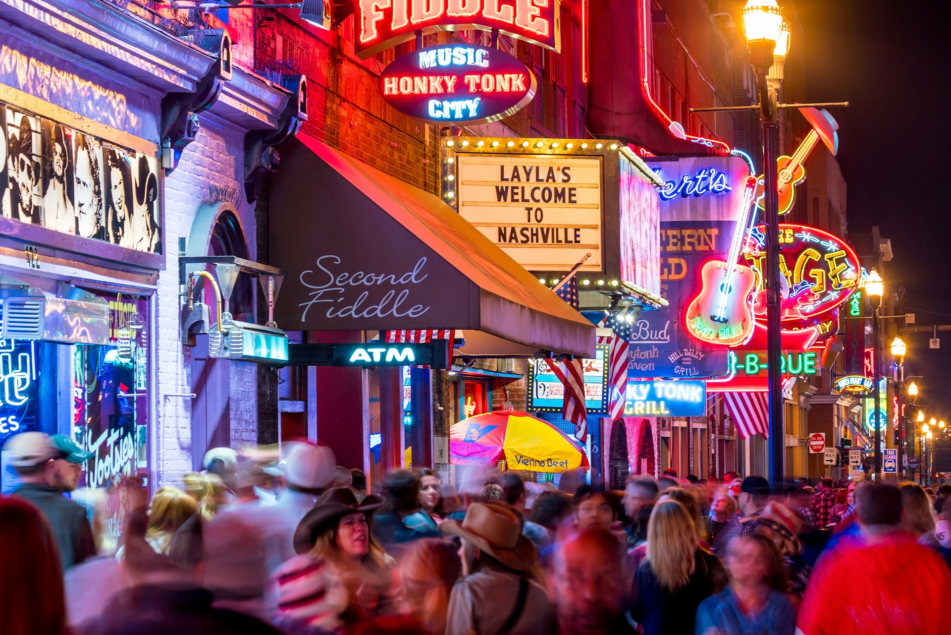 Neon signs on Lower Broadway Area in Nashville, USA