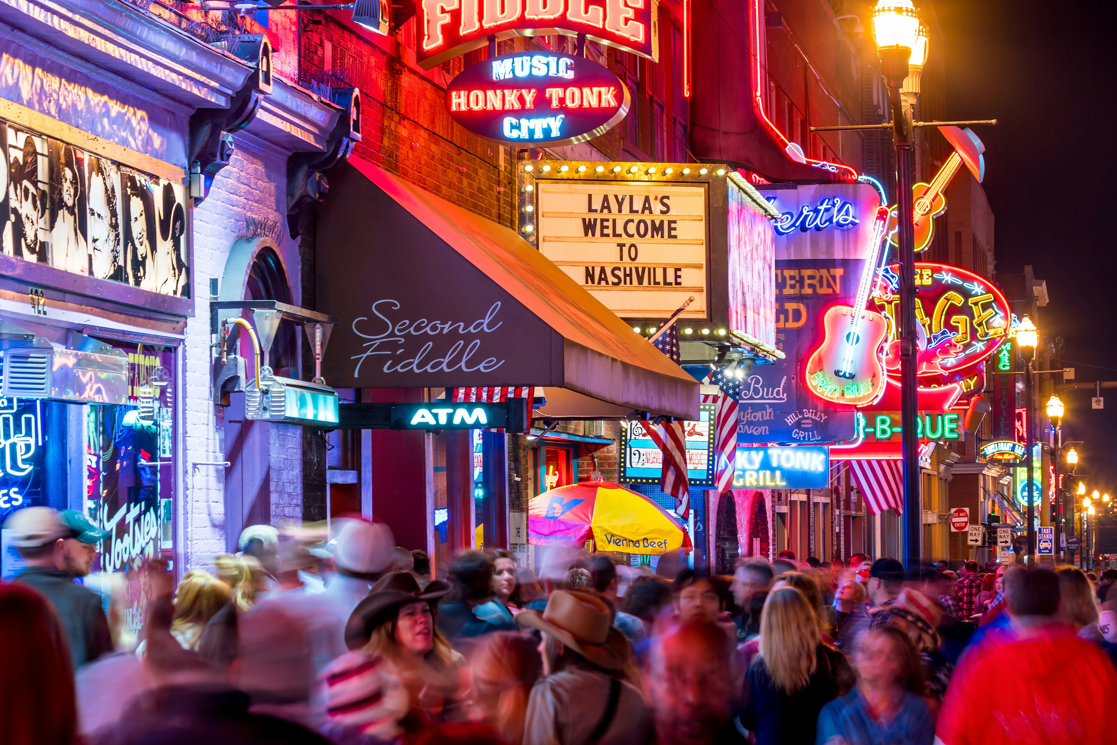 Neon signs on Lower Broadway Area in Nashville, USA