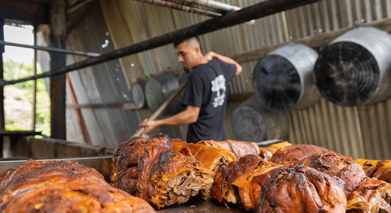 GUAYNABO, PUERTO RICO - FEBRUARY 4: El Rancho de Apa, Located in Guaynabo. Famous for slow roasting pigs on a spit, with a traditional Puerto Rico twirling technique.  Instagram: elranchodeapa
LP Owned,  island,  lechon,  tourism,  pigs,  lonely planet,  puerto rico,  Adult,  Bbq,  Cooking,  Food,  Grilling,  Male,  Man,  Person,  Roast