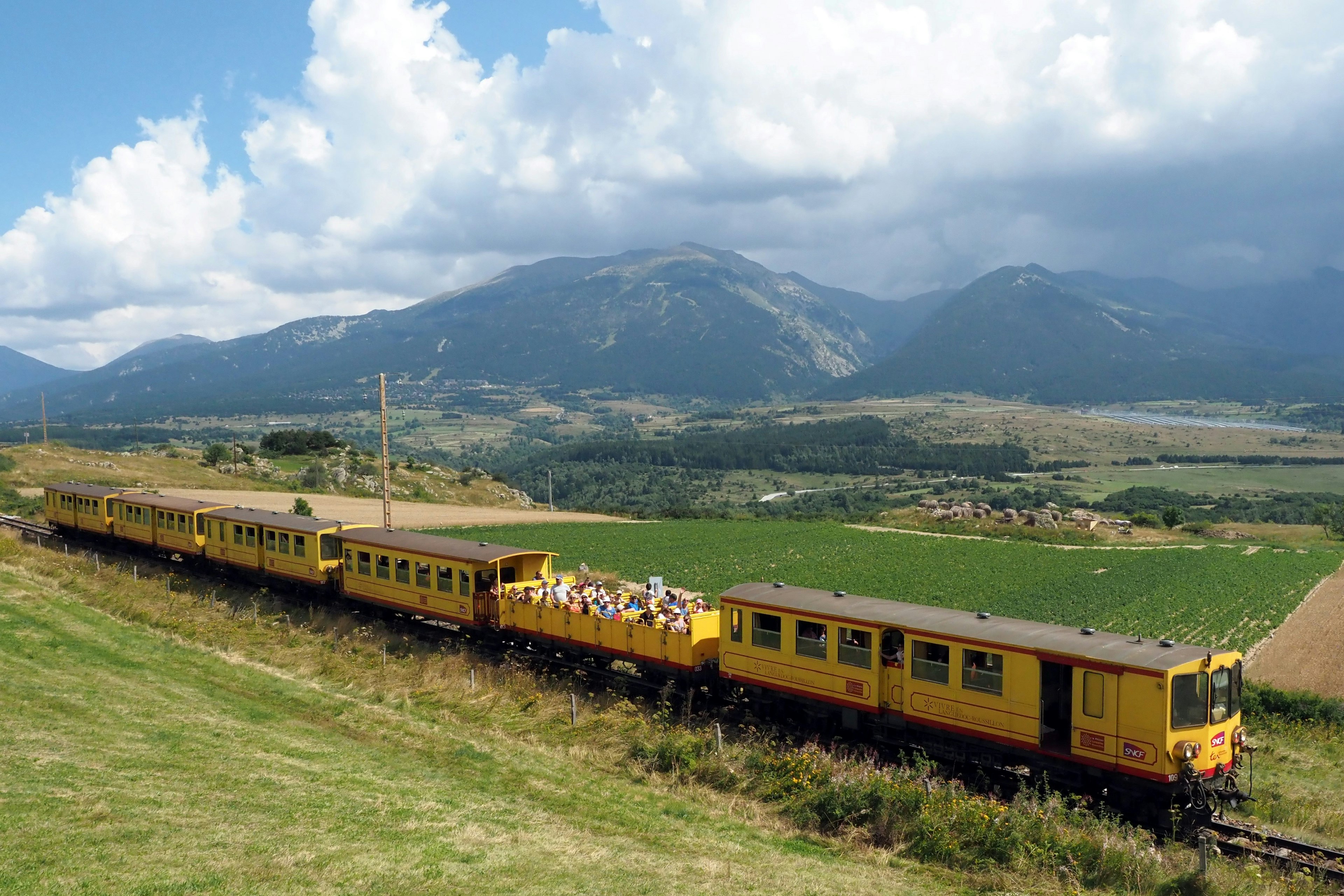 The “little yellow train” runs on the Pont Gisclard between Villefranche-de-Conflent and Latour-de-Carol, France