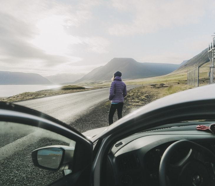 Young Caucasian woman in purple coat  looking at scenic landscape in Iceland near the car
1055479098