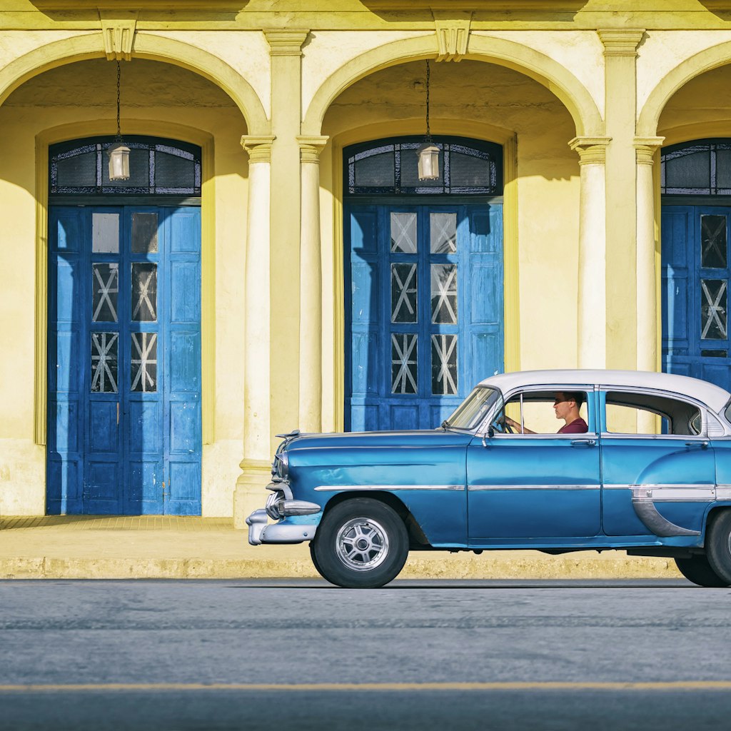 Vintage blue oldtimer car driving through Old Havana Cuba
1138625907