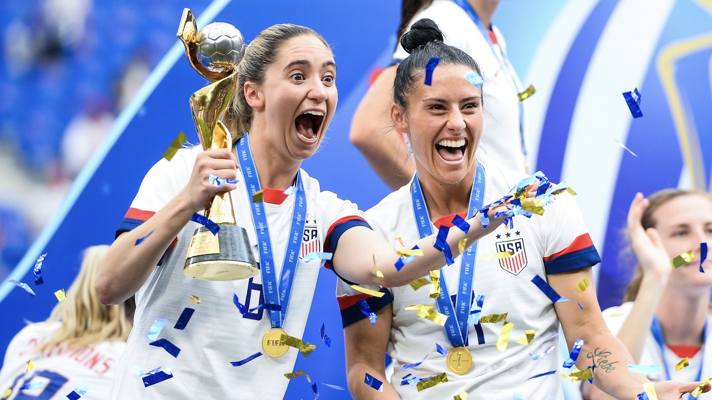 United State's midfielder Morgan Brian and United State's defender Ali Krieger celebrate with the FIFA Womens World Cup Trophy after the 2019 FIFA Women's World Cup France Final match between United States and Netherlands at Groupama Stadium on July 7, 2019 in Lyon, France. (Photo by Baptiste Fernandez/Icon Sport via Getty Images)
1154522927
soccer, football, feminin, feminine, coupe du monde, finale, etats unis, pays bas, holland, joie, trophee, coupe