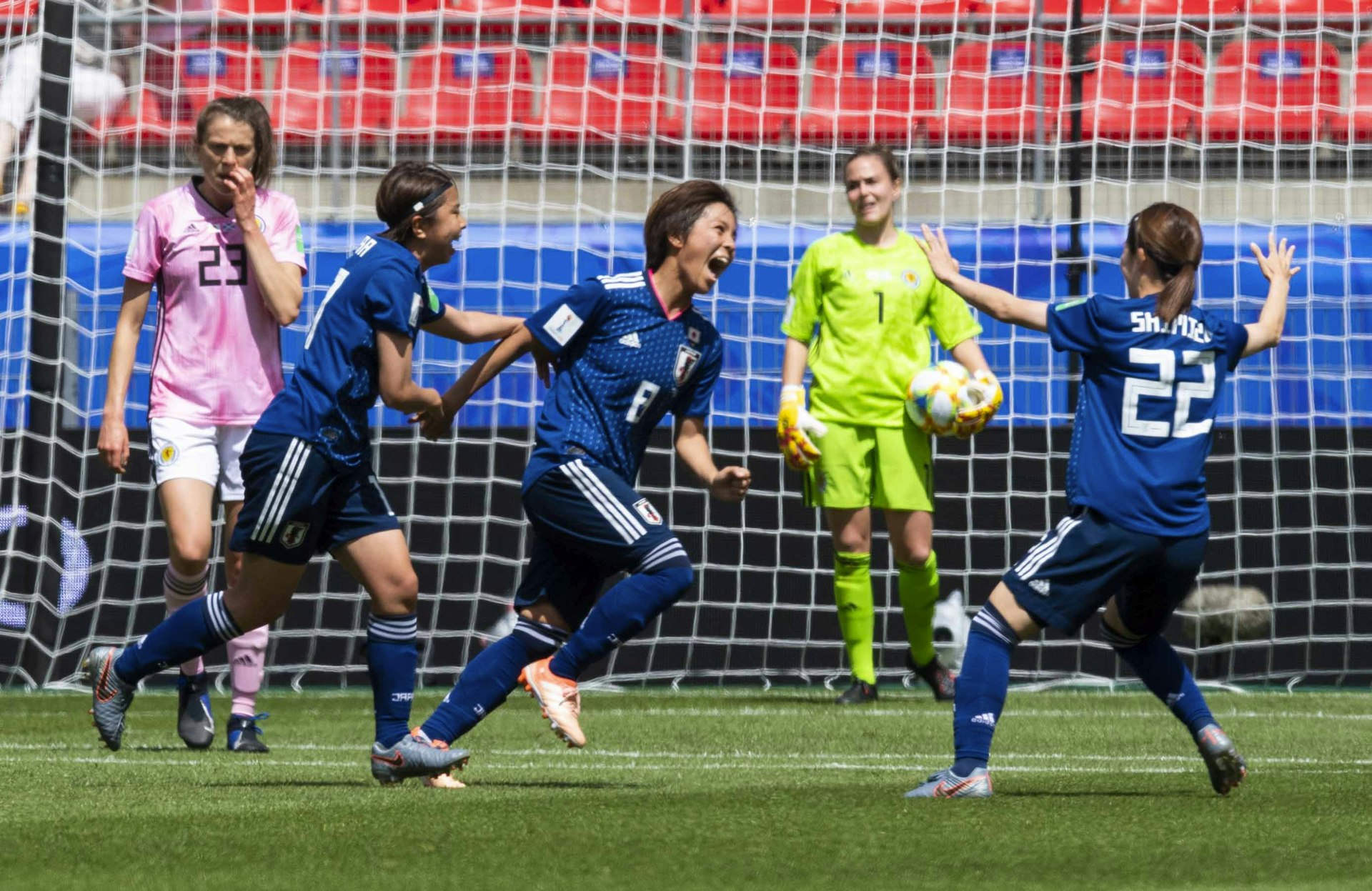 Japan’s Mana Iwabuchi celebrates her goal at the 2019 FIFA Women’s World Cup, Rennes France