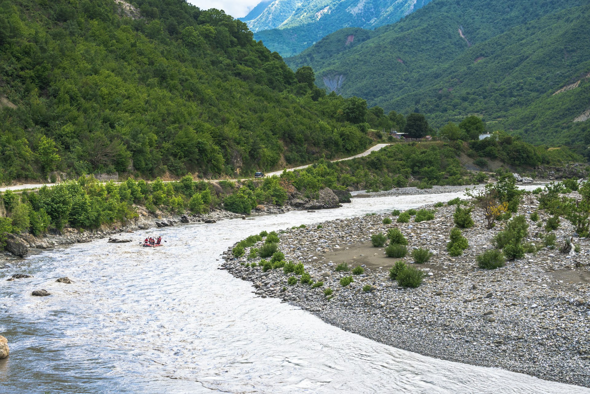 A team rafting along the Vjosa River, near Permet, Albania