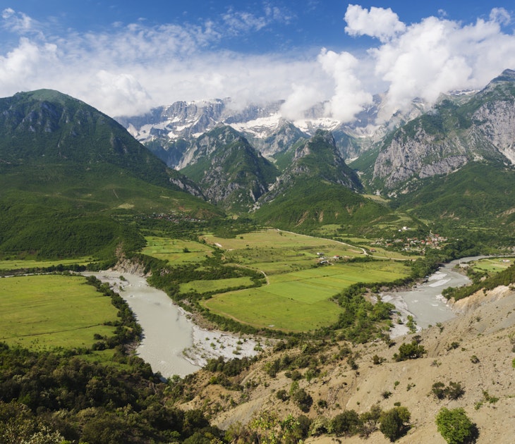 Albania, Carshove-area, Malesi e Nemeckes mountains and Vjosa River, elevated view.
454329357
null