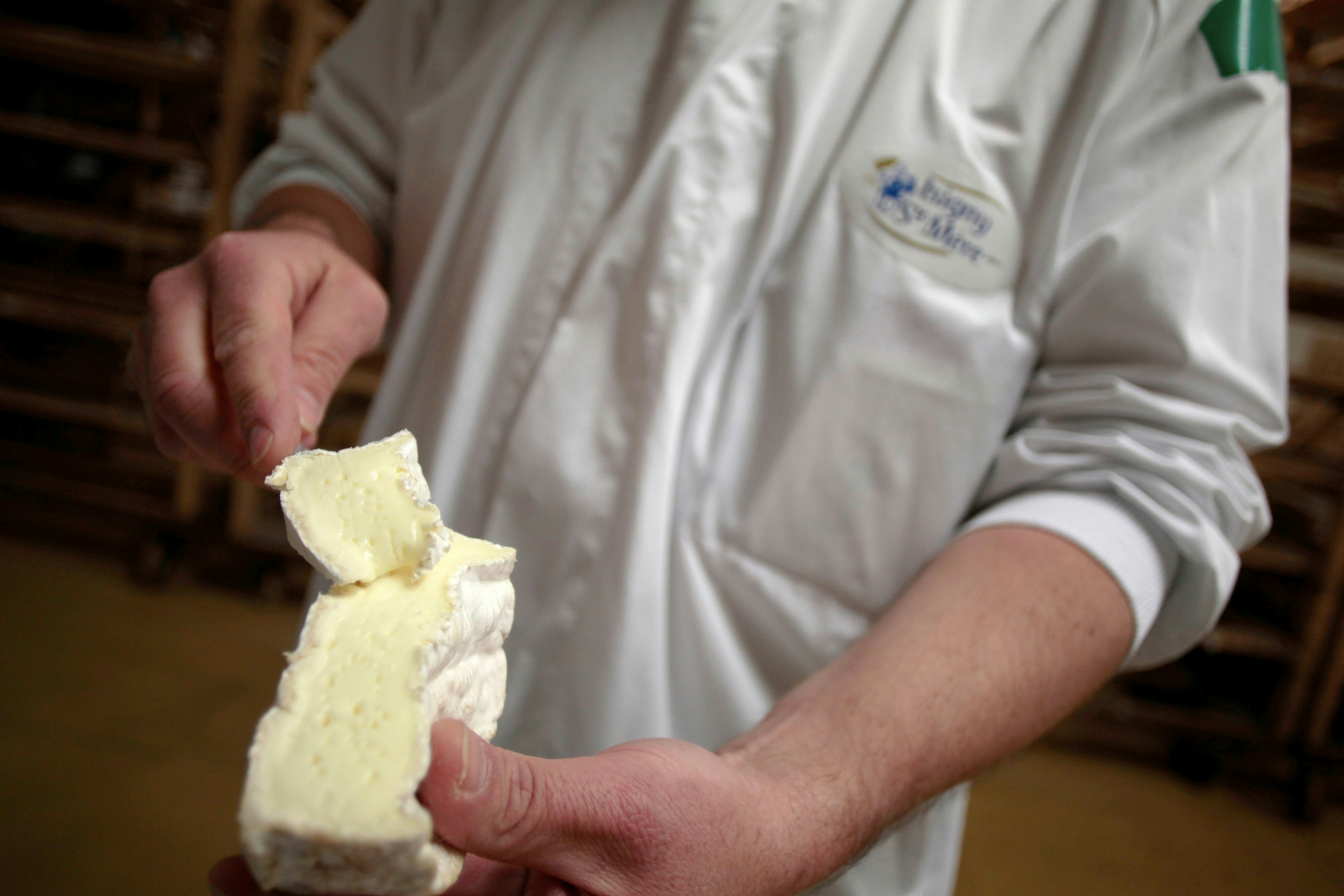 An employee displays French Camembert cheese in an aging cellar at Isigny-Sainte-Mère, Normandy, France