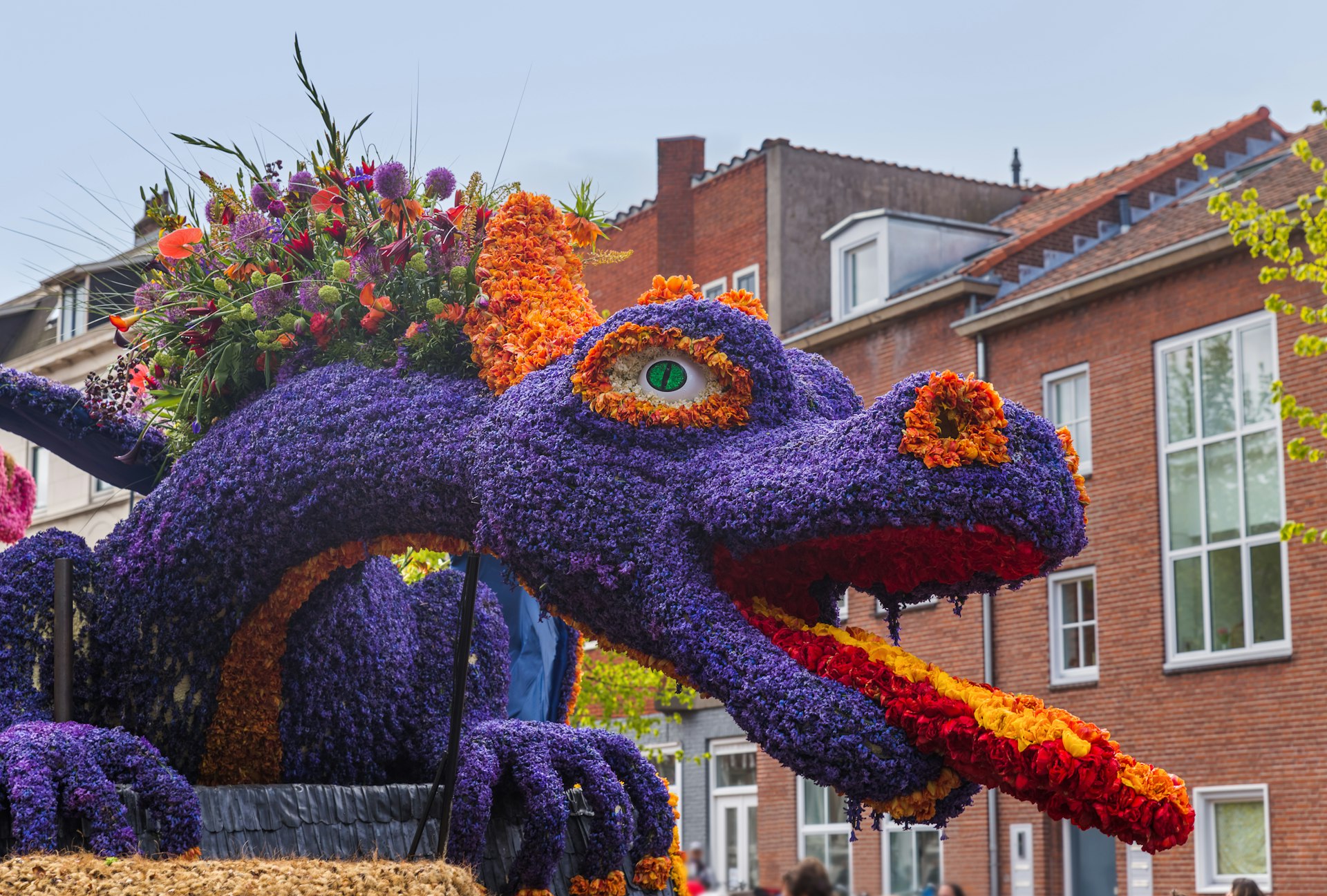 A float made of flowers in the form a dragon, part of the Bloemencorso, Haarlem, Netherlands
