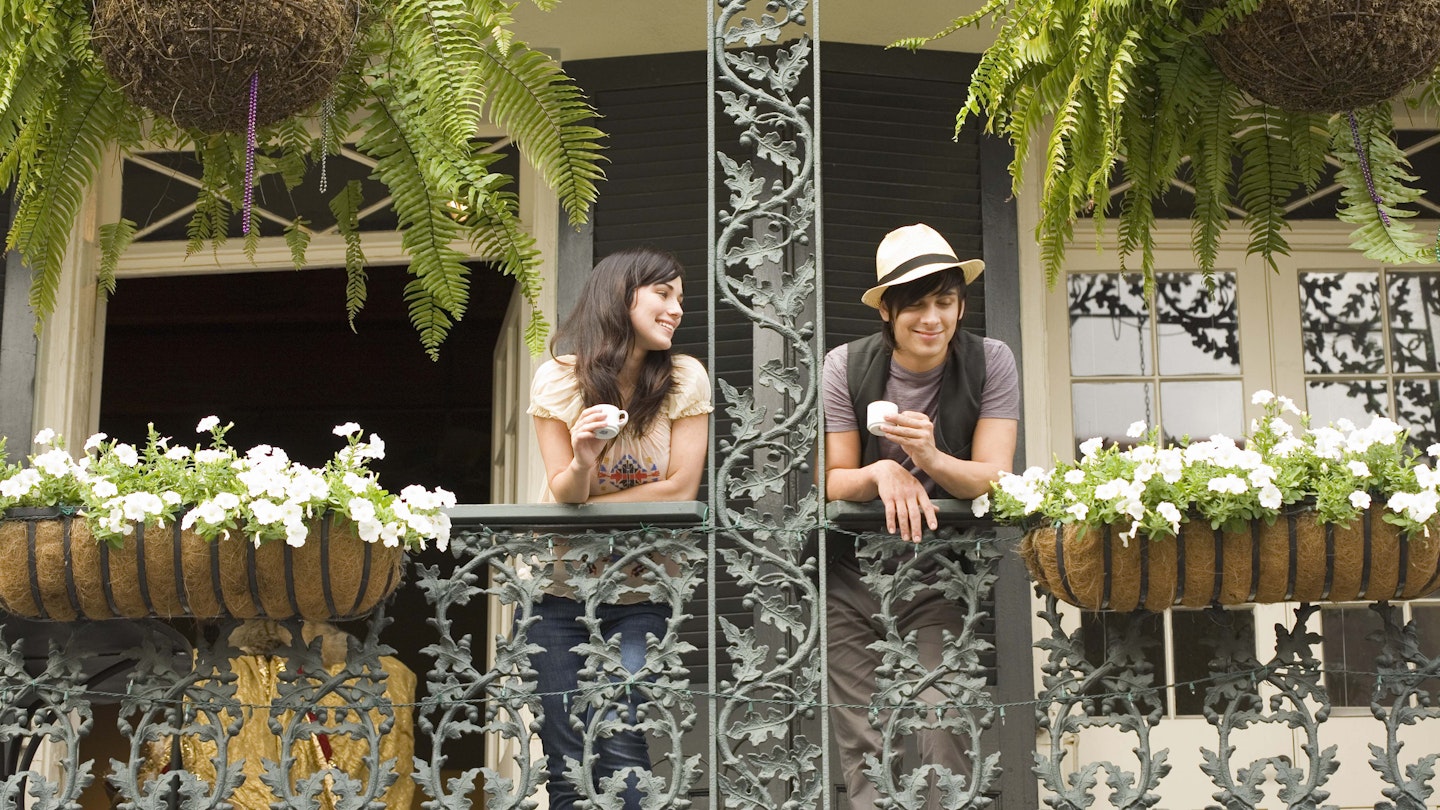 85652328
outdoor, restaurant, day, two people, couple, adults, young adults, young adult man, young adult woman, 18-19 years, 20-25 years, caucasian, full-length, brunette, looking away, standing, usa, louisiana, new orleans, togetherness, hat, coffee, cappuccino, leisure, travel, tourism, smiling, beverages, railing, drinks, decorative, straw hat, tourists, balcony, wrought iron, hipsters, french quarter, panama hat