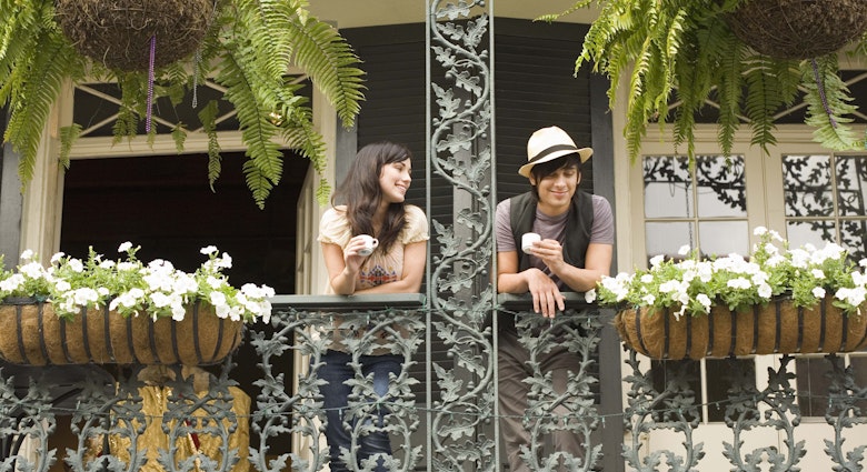 85652328
outdoor, restaurant, day, two people, couple, adults, young adults, young adult man, young adult woman, 18-19 years, 20-25 years, caucasian, full-length, brunette, looking away, standing, usa, louisiana, new orleans, togetherness, hat, coffee, cappuccino, leisure, travel, tourism, smiling, beverages, railing, drinks, decorative, straw hat, tourists, balcony, wrought iron, hipsters, french quarter, panama hat