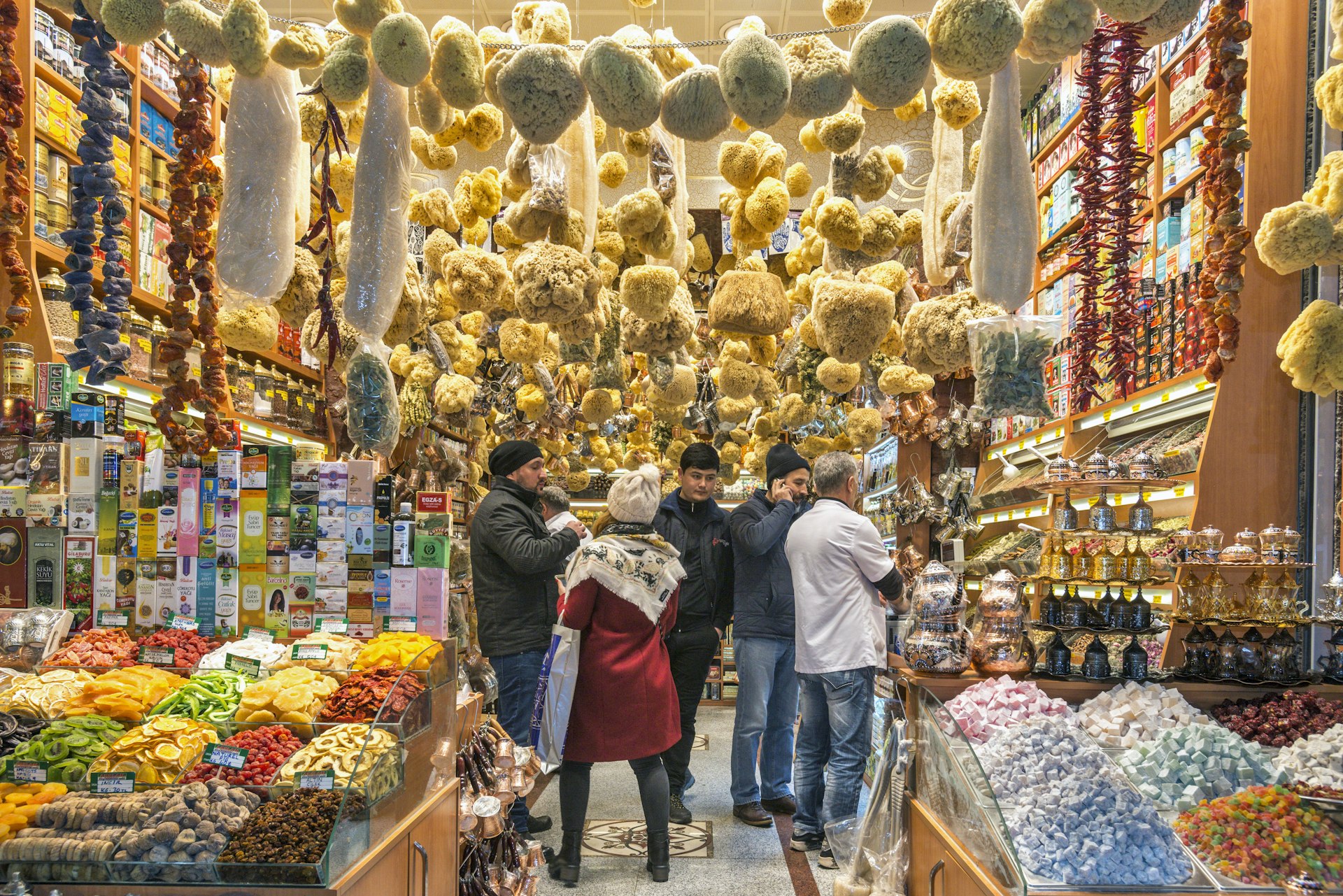 People shopping in the Spice Bazaar in the Eminonu quarter of the Fatih district in Istanbul. 