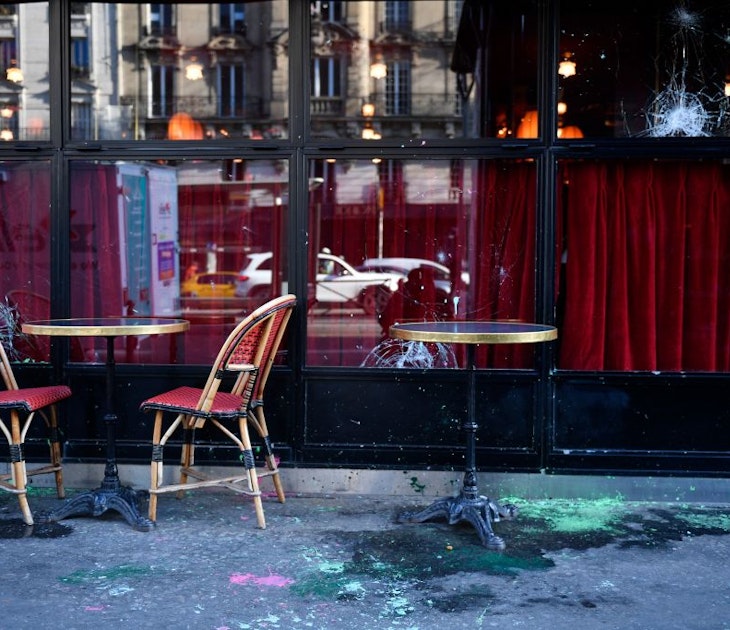 This photograph taken on April 7, 2023, in Paris, shows a terrace of the restaurant La Rotonde which windows' were broken the day before during a demonstration on the 11th day of action after the government pushed a pensions reform through parliament without a vote, using the article 49.3 of the constitution. - France on April 6, 2023 braced for another day of protests and strikes to denounce French President's pension reform one day after talks between the government and unions ended in deadlock. (Photo by JULIEN DE ROSA / AFP) (Photo by JULIEN DE ROSA/AFP via Getty Images)
1250851474
pension, demonstration, politics, Horizontal, topix, bestof