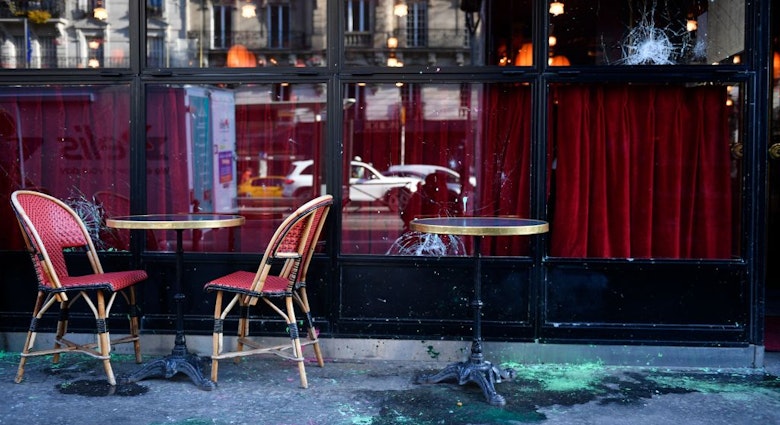 This photograph taken on April 7, 2023, in Paris, shows a terrace of the restaurant La Rotonde which windows' were broken the day before during a demonstration on the 11th day of action after the government pushed a pensions reform through parliament without a vote, using the article 49.3 of the constitution. - France on April 6, 2023 braced for another day of protests and strikes to denounce French President's pension reform one day after talks between the government and unions ended in deadlock. (Photo by JULIEN DE ROSA / AFP) (Photo by JULIEN DE ROSA/AFP via Getty Images)
1250851474
pension, demonstration, politics, Horizontal, topix, bestof