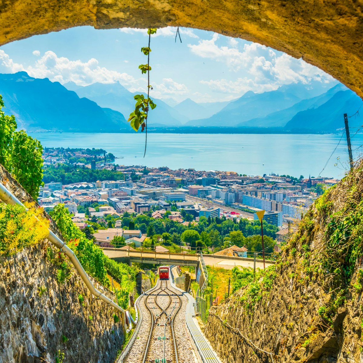 Vevey and lake Geneva, as seen from the funicular ascending to Mont Pelerin.
