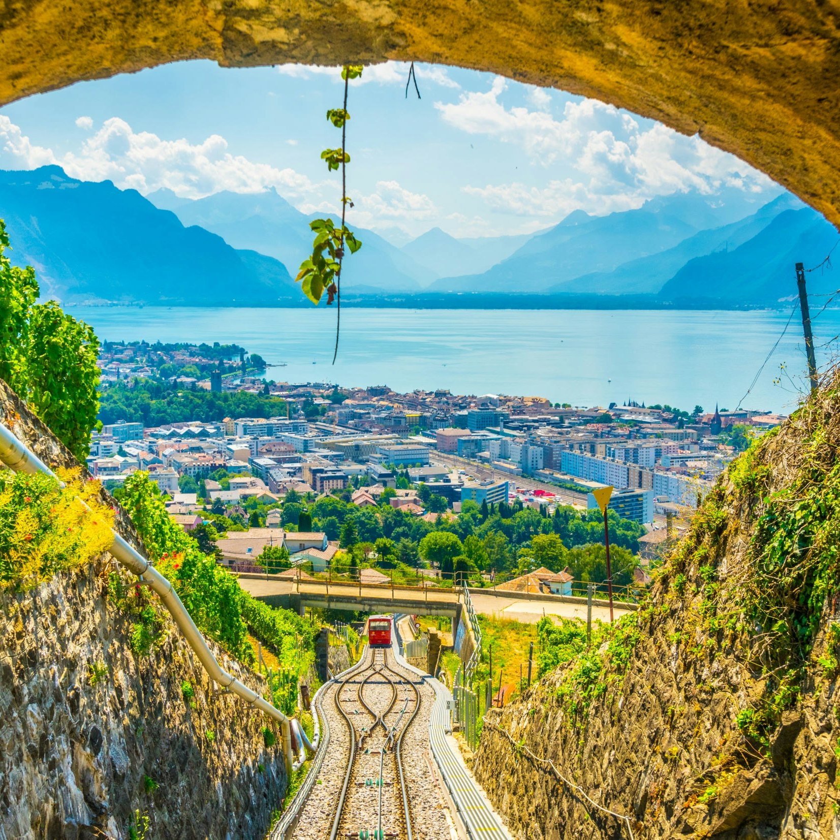 Vevey and lake Geneva, as seen from the funicular ascending to Mont Pelerin.