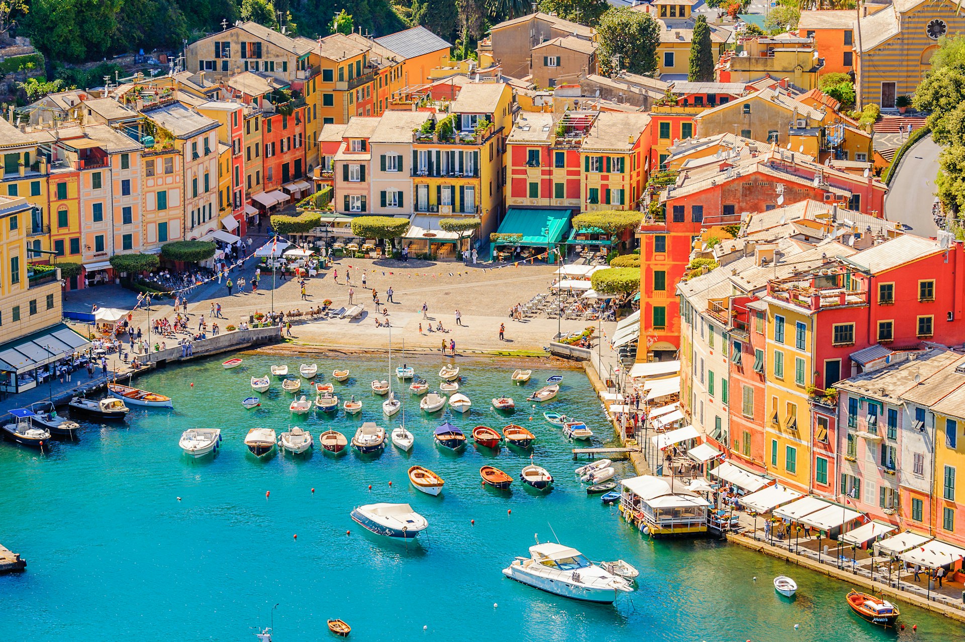 Aerial of Portofino harbour, an Italian fishing village in Genoa province.
