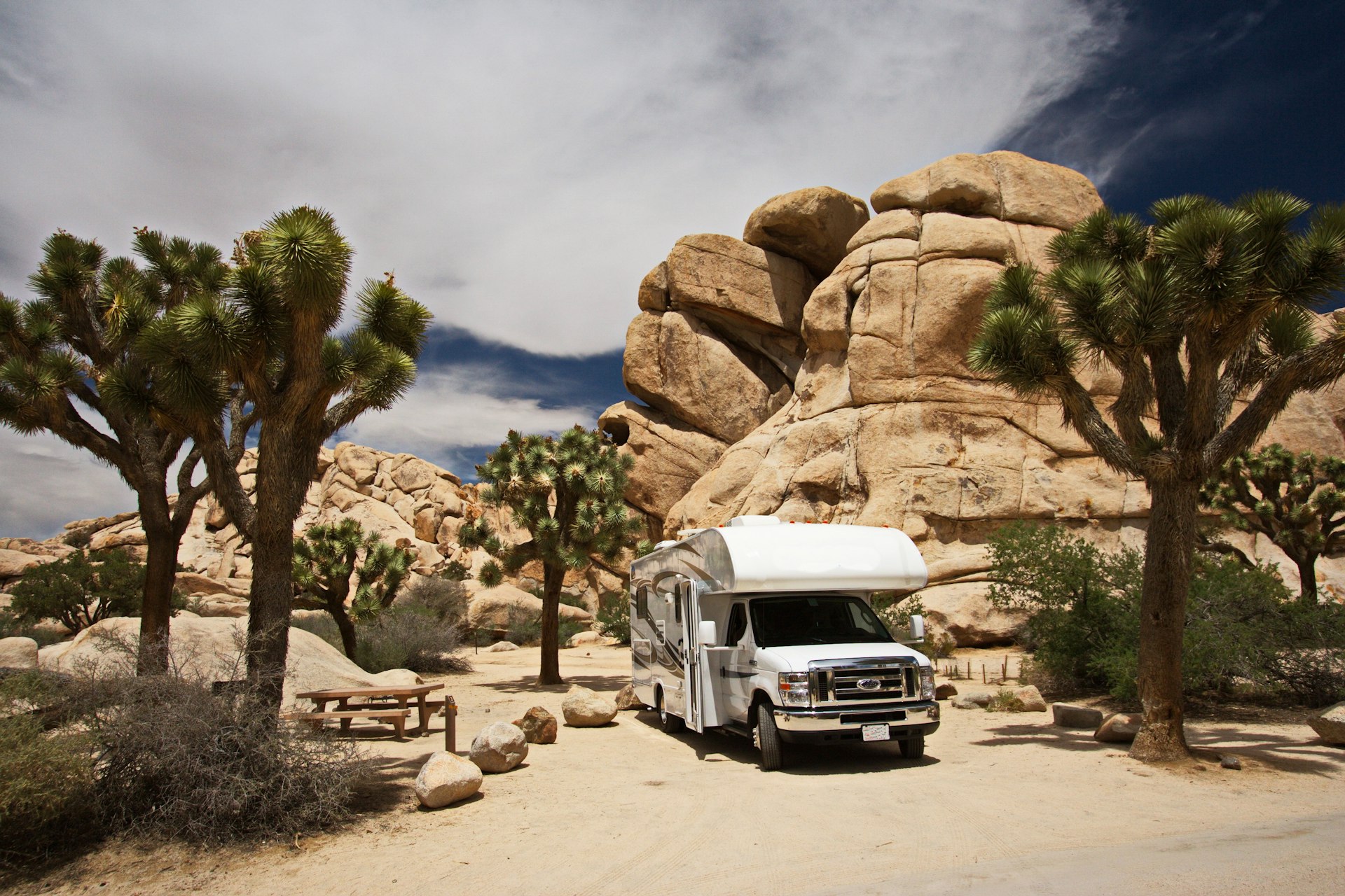 A parked RV in Hidden Valley Campground, Joshua Tree National Park, California, USA