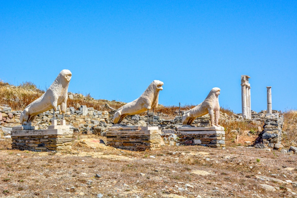 Terrace of the Lions, the famous symbol of Archaeological Site of Delos, Delos Island, Cyclades, Greece.