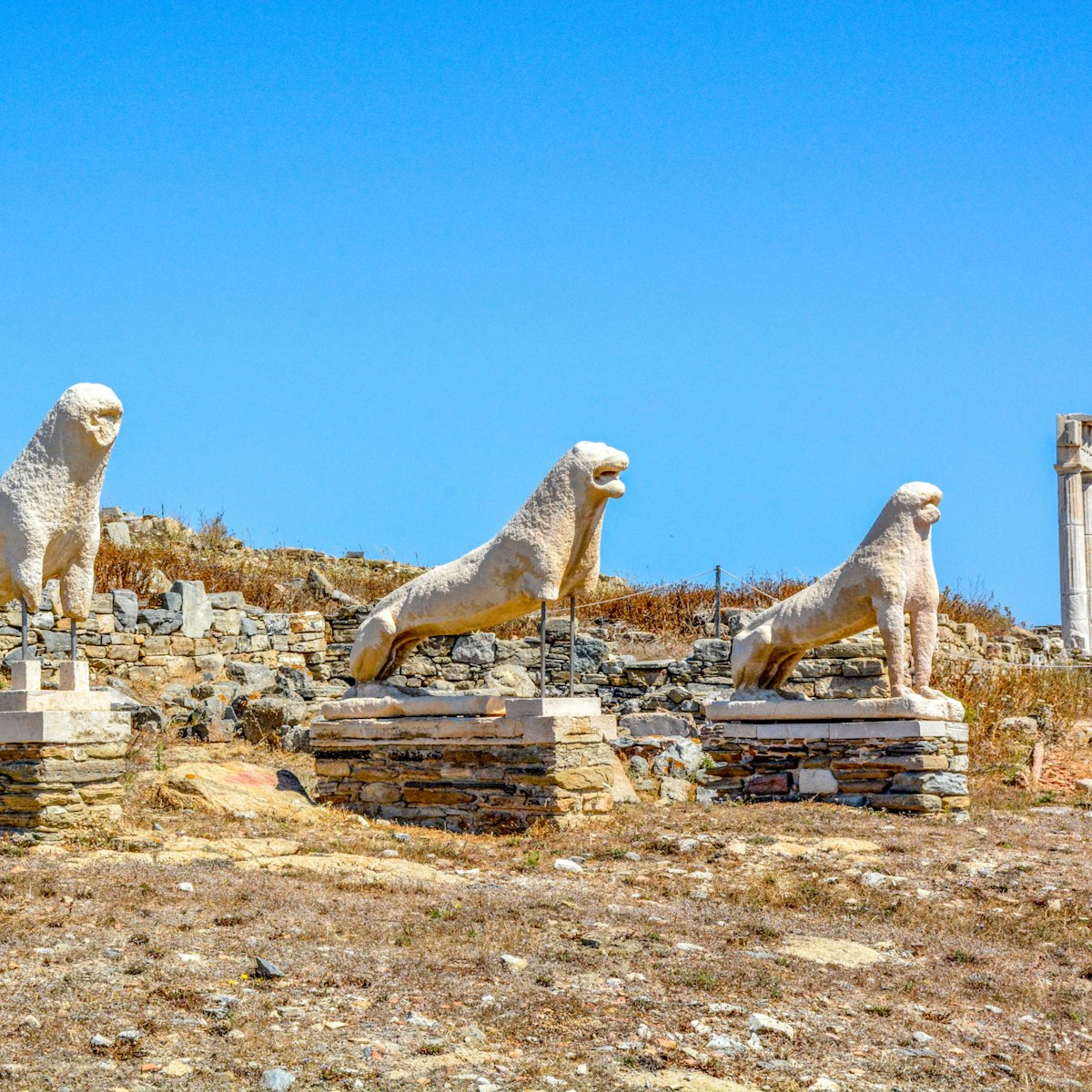 Terrace of the Lions, the famous symbol of Archaeological Site of Delos, Delos Island, Cyclades, Greece.