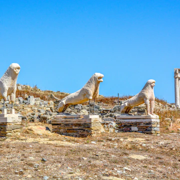 Terrace of the Lions, the famous symbol of Archaeological Site of Delos, Delos Island, Cyclades, Greece.