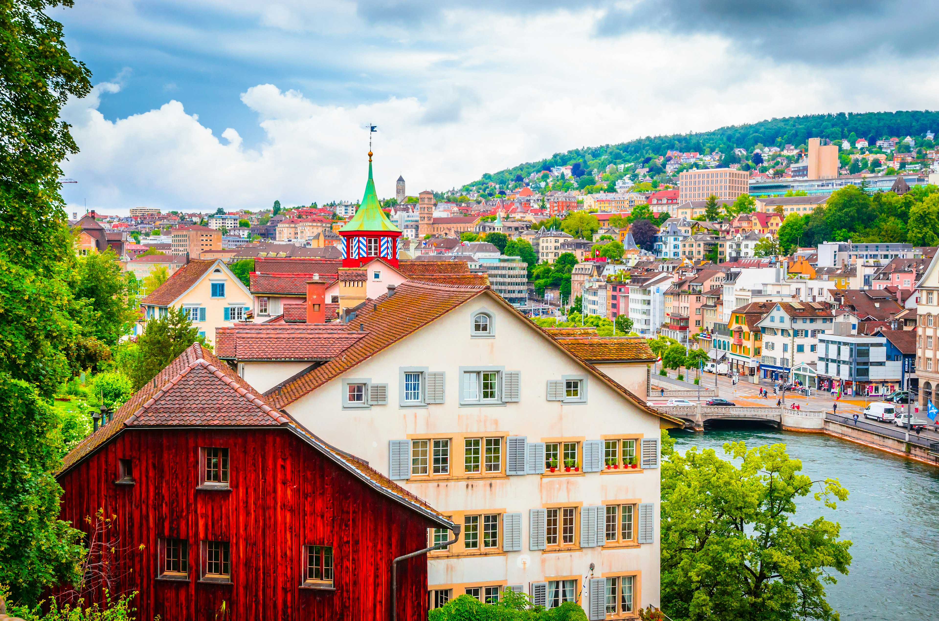 Aerial view on beautiful river Limmat and city center of Zurich, Switzerland