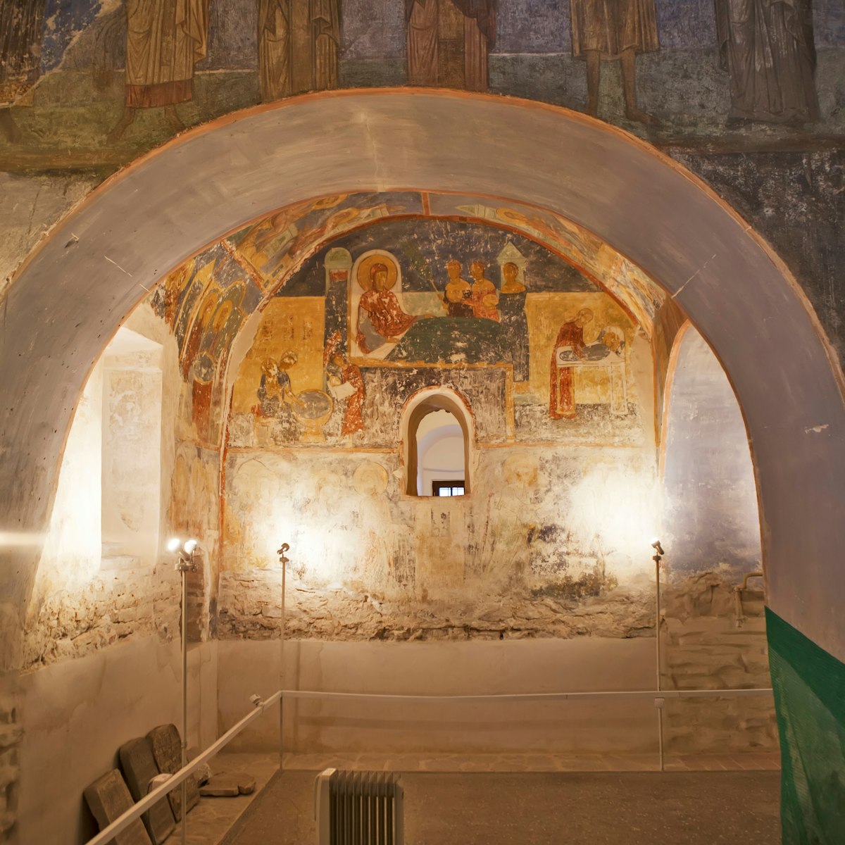 Murals on biblical scenes in Transfiguration Cathedral, Spaso-Preobrazhensky Mirozhsky Zavelichsky monastery in Pskov.