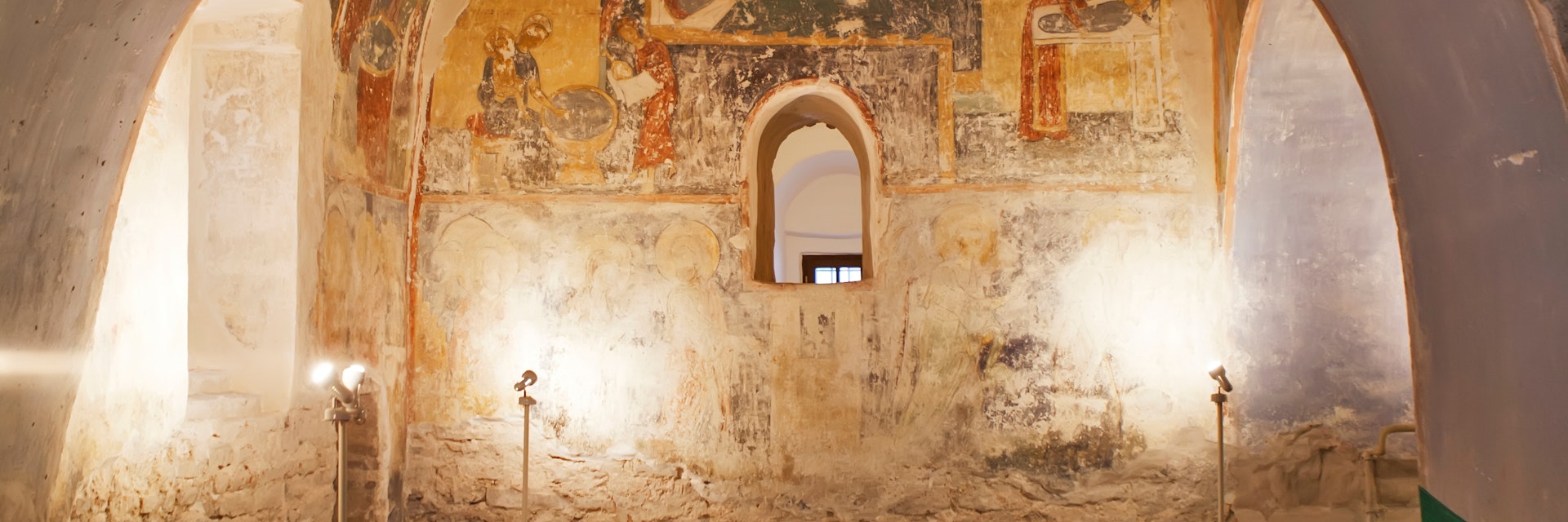 Murals on biblical scenes in Transfiguration Cathedral, Spaso-Preobrazhensky Mirozhsky Zavelichsky monastery in Pskov.