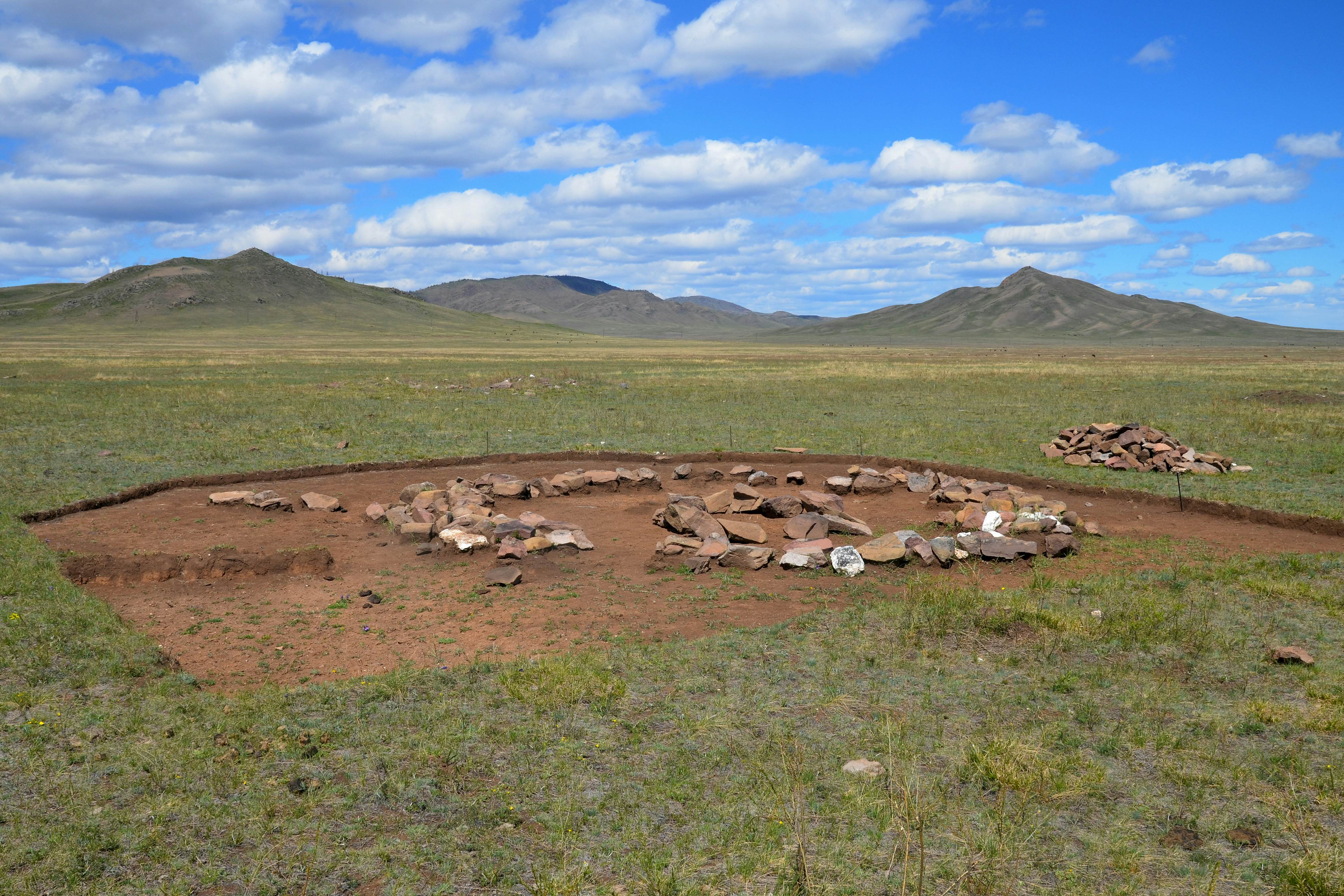 Archeological excavation of ancient kurgan burials, King's valley, Tuva, Russia.