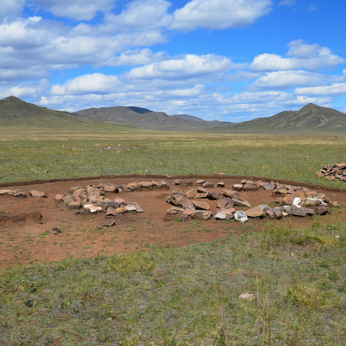 Archeological excavation of ancient kurgan burials, King's valley, Tuva, Russia.