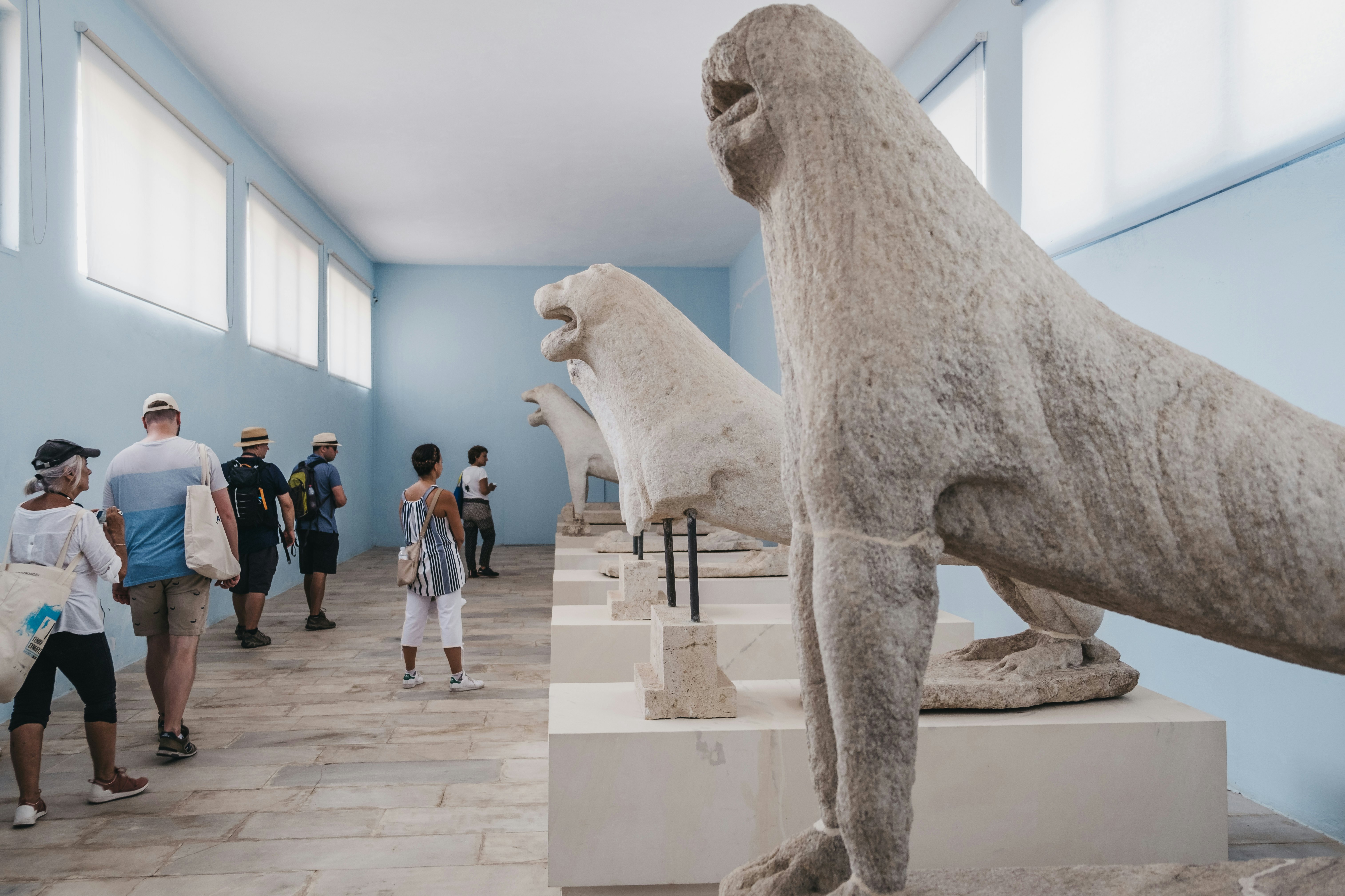 Original Naxian Lions statues in the Archaeological Museum of Delos, a museum on the historic island of Delos, near Mykonos in the South Aegean, Greece.