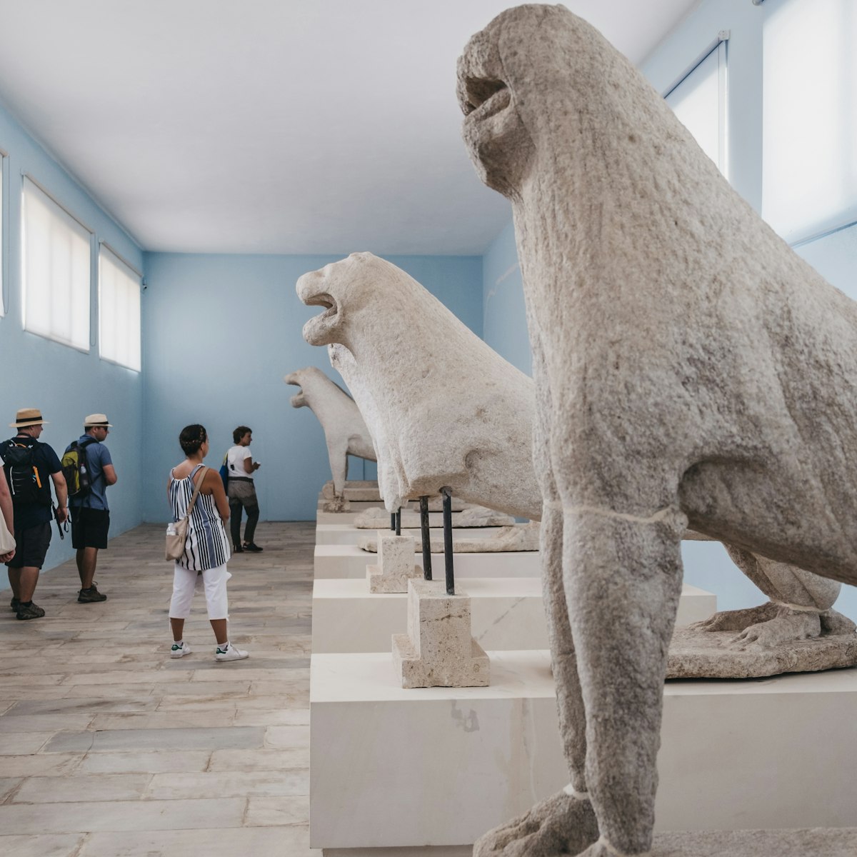 Original Naxian Lions statues in the Archaeological Museum of Delos, a museum on the historic island of Delos, near Mykonos in the South Aegean, Greece. 
