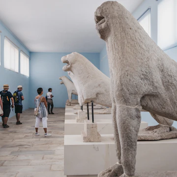 Original Naxian Lions statues in the Archaeological Museum of Delos, a museum on the historic island of Delos, near Mykonos in the South Aegean, Greece.