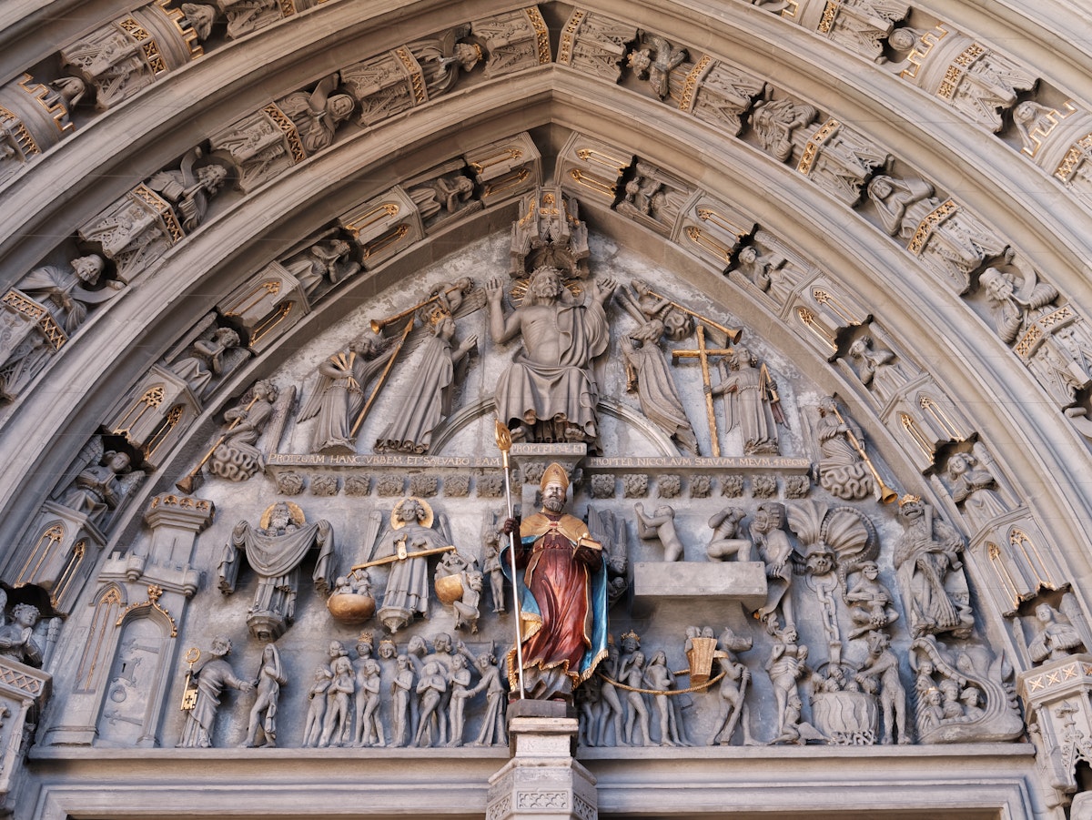Tympanum of the St Nicolas cathedral in the city of Fribourg, Switzerland showing the scene of the Last Judgment.