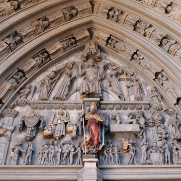 Tympanum of the St Nicolas cathedral in the city of Fribourg, Switzerland showing the scene of the Last Judgment.