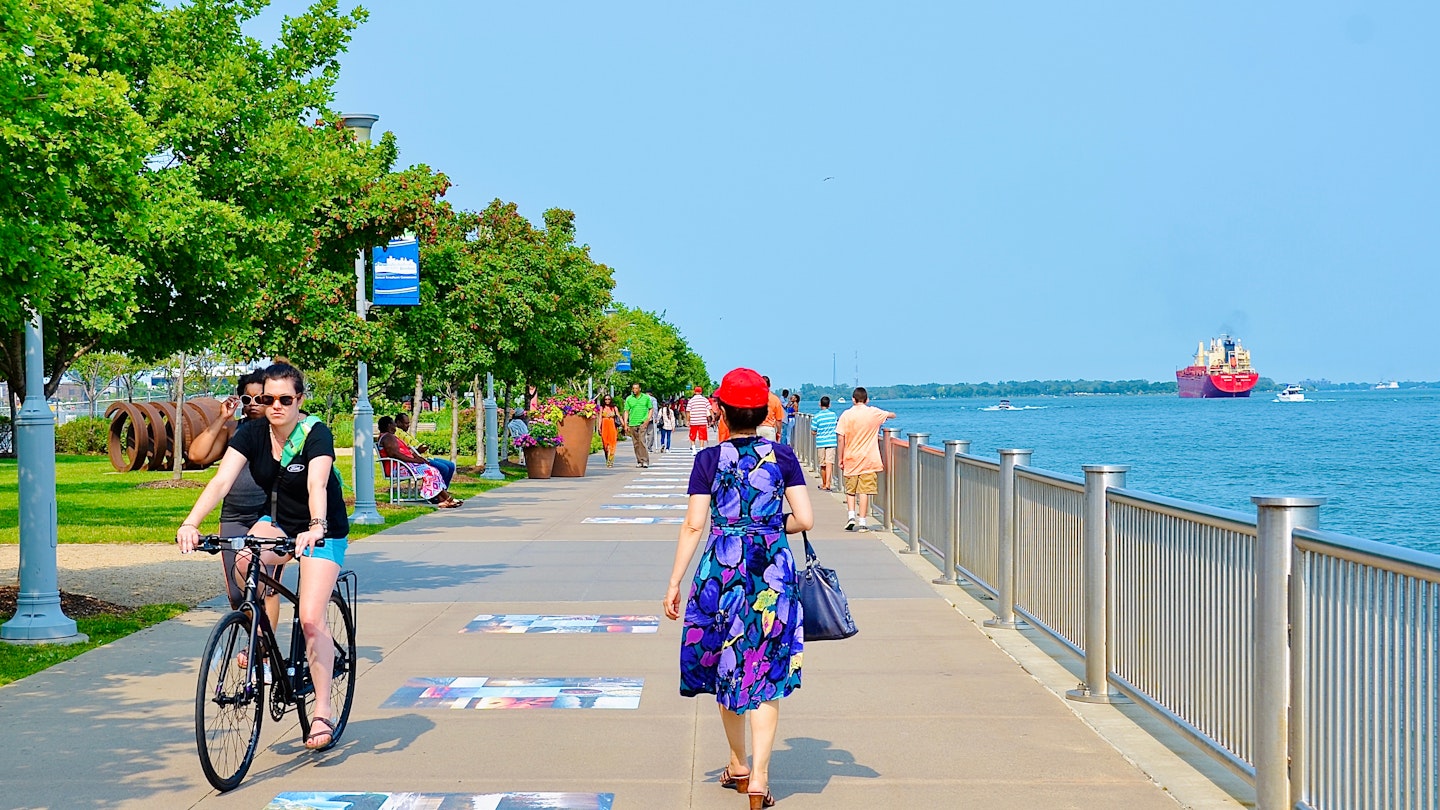 Detroit, Michigan, US- July 4, 2015: Detroit downtown riverside. People enjoying a sunny summer day on the America Independent holiday and celebration. Beautiful cityscape.; Shutterstock ID 1731684577; your: Jennifer Carey; gl: 65050; netsuite: Online Editorial; full: Best places to visit in Michigan
1731684577
Locals walking and cycling along the riverside in Detroit, Michigan.